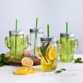 Glas Cactus Mason Jar mit Deckel und Stroh